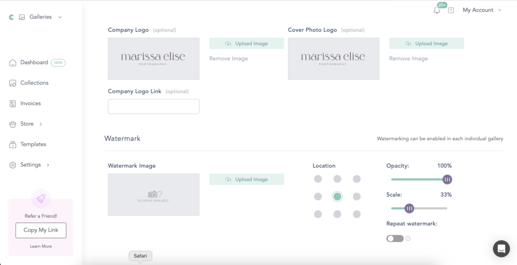 CloudSpot settings page with customizable features. 